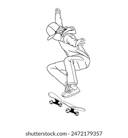 Skateboard trick Lineart Black White Vector