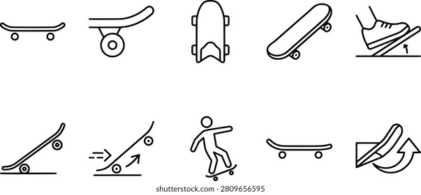 Skateboard trick sequence silhouettes, ollie motion icons, skateboarding jump illustration, ramp action design, minimalist black vector artwork