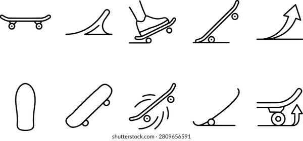 Skateboard trick step sequence silhouettes, ollie motion illustration, skateboarding jump icons, ramp action design, minimalist black vector artwork