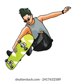 Skateboard Trick Watercolor Vector Art Illustration