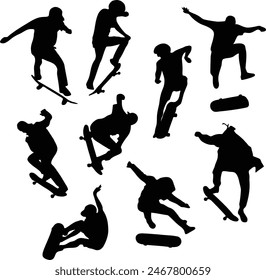 Skateboard Tricks Silhouettes, people silhouettes with transparent background, named, organized and editable layers