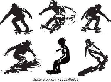 Trucos de patineta. Ilustración vectorial.Carácter de silueta.