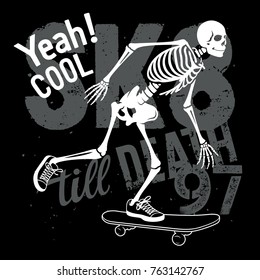 Skateboard t-shirt graphics. Skeleton riding on skateboard. Vector illustration. Skull Tee graphics