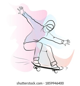 Skateboard T-shirts. Graceful drawing of a man participating in a skateboarding competition. Skateboarding. Simple hand drawn stripes, vector illustration. Cool drawing for print and web pages.