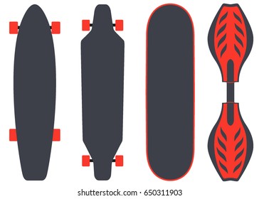 Skateboard types, set. Different skateboards in the same colours. Vector illustration in flat style, isolated on white.