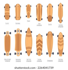 Skateboard types. Wood deck skateboards, boardwalk longboard different shapes hipster teenager skater retro skateboarding street freeride board balance, neat vector illustration of skateboard deck