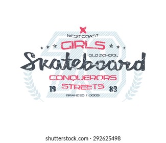 Skateboard typographic emblem with shabby texture. Graphic design for t-shirt. Color print on white background