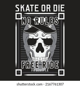 Skateboard typography with skull illustration. t shirt graphics. Vectors