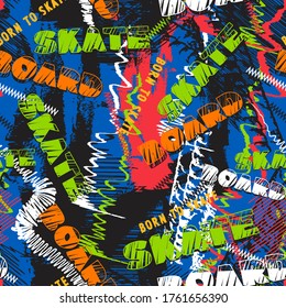 Skateboard typography with slogan drawing colorful print. Skate board seamless pattern vector. Skate background urban style. Illustrations with cool slogans for t-shirt design. Clothing sport textile.