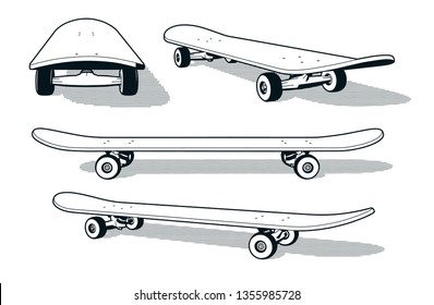 Skateboard in various angles - retro print style black and white 3d vector illustration.