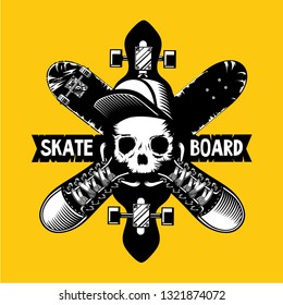 Skateboard vector emblem with skull and boards. Tattoo style vector illustration on isolated background.