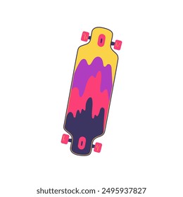 Skateboard vector illustration is a colorful design on an isolated background. A retro 90's style board, perfect for top-down extreme sports graphics.