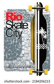 Skateboard vector illustration on sidewalk texture with allusion to the sport and the city of Rio de Janeiro, Brazil.