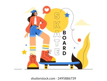 Skateboard Vector Illustration with Skateboarders Jumping on a Springboard in a Skatepark in Extreme Sports on Flat Style Cartoon Background