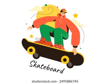 Skateboard Vector Illustration with Skateboarders Jumping on a Springboard in a Skatepark in Extreme Sports on Flat Style Cartoon Background