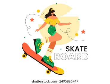 Ilustración vectorial de patineta con patinadores Saltando en un trampolín en un parque de patinaje en deportes extremos sobre fondo plano de dibujos animados