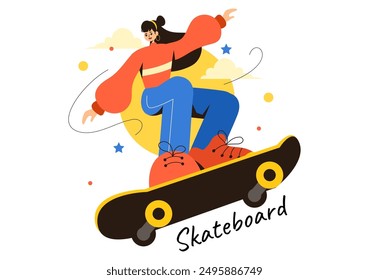 Skateboard-Vektorillustration mit Skateboardern Springen auf einem Sprungbrett in einem Skatepark in Extremsport auf Flat Style Cartoon Hintergrund