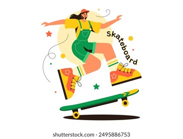 Ilustración vectorial de patineta con patinadores Saltando en un trampolín en un parque de patinaje en deportes extremos sobre fondo plano de dibujos animados