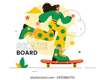 Ilustración vectorial de patineta con patinadores Saltando en un trampolín en un parque de patinaje en deportes extremos sobre fondo plano de dibujos animados