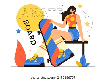 Ilustración vectorial de patineta con patinadores Saltando en un trampolín en un parque de patinaje en deportes extremos sobre fondo plano de dibujos animados