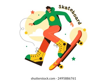 Skateboard-Vektorillustration mit Skateboardern Springen auf einem Sprungbrett in einem Skatepark in Extremsport auf Flat Style Cartoon Hintergrund