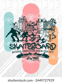 Skateboard vector illustration with tricks, event city, ramp and typography. Printing for t-shirts, posters and other uses