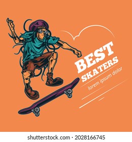 Skateboard vector illustrations with cool slogans for t-shirt print and other uses. Vector illustration. Seamless pattern with cartoon skull, skateboard, hat etc.