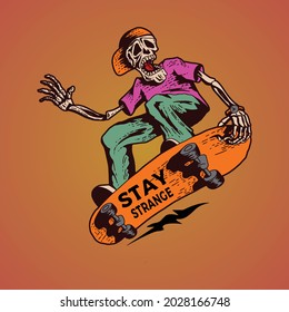 Vektorgrafiken mit Skateboard mit coolen Slogans für den T-Shirt-Druck und für andere Zwecke. Vektorgrafik. Nahtloses Muster mit Cartoon Skull, Skateboard, Hut usw.