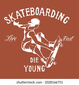 Skateboard vector illustrations with cool slogans for t-shirt print and other uses. Vector illustration. Seamless pattern with cartoon skull, skateboard, hat etc.