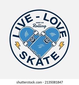 Skateboard vector illustrations with cool slogans for t-shirt print and other uses. Live, Love, Skate.