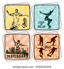 Skateboard vector illustrations with diverse slogans and colorful backgrounds and border details. For t-shirt printing and other uses