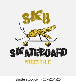 Skateboard. Vector placard with hand drawn surreal illustration of mosquito.   Template for card, poster, banner, print for t-shirt, pin, badge and patch. 