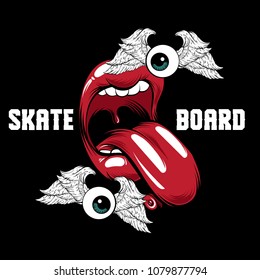 Skateboard. Vector placard with hand drawn surreal illustration of open mouth with skate. Creative colorful sketch. Template for card, poster, banner, print for t-shirt, pin, badge and patch. 