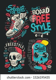 Skateboard vector set design with skull, sneaker, and slogan