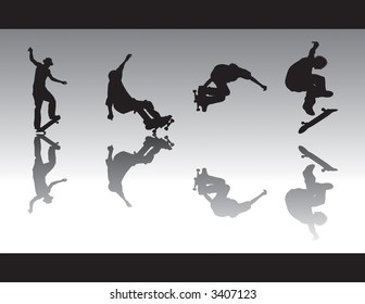 Skateboard vector silhouettes performing different tricks. Two skaters grinding, one kickflipping and the other grabbing.