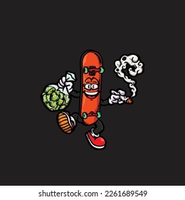 caricatura de algas nug vectorial de skateboard de fumar