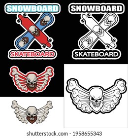 skateboard vs snowboard with skull and bones image