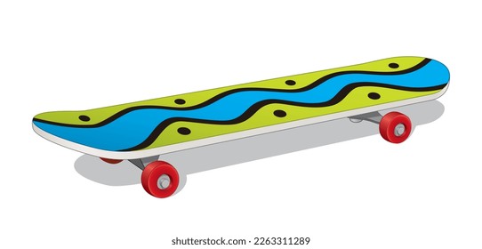 Skateboard en Wave Decoración vista lateral, equipo deportivo, ilustración vectorial aislada, eps