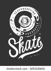 Skateboard wheel vintage typography label. Summer sports t-shirt print vector illustration.