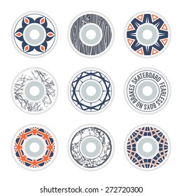 Skateboard wheels design with geometric ornament, texture wood