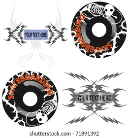 skateboard wheels design with rat skeleton and thorns sign