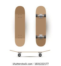 Skateboard wooden or plastic template in different angles. Sport equipment realistic mockups with empty surface for your design. Side, bottom, top view. Vector skateboard isolated on white background.