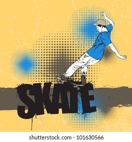 Skateboarder in action on a grunge-background. Vector illustration.
