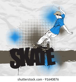 Skateboarder in action on a grunge-background. Vector illustration.