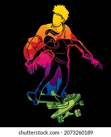 Skateboarder Action Skateboard Players Extreme Sport Cartoon Graphic Vector