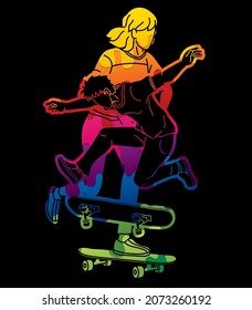 Skateboarder Action Skateboard Players Extreme Sport Cartoon Graphic Vector