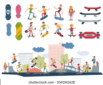 Skateboarder active people park sport extreme outdoor active skateboarding urban jumping tricks vector illustration.