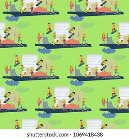 Skateboarder active people park sport extreme outdoor active seamless pattern background skateboarding urban jumping tricks vector illustration.