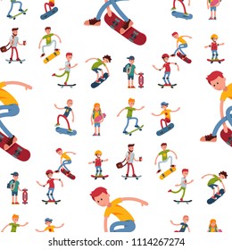 Skateboarder active people seamless pattern background sport extreme active skateboarding urban jumping tricks vector illustration.