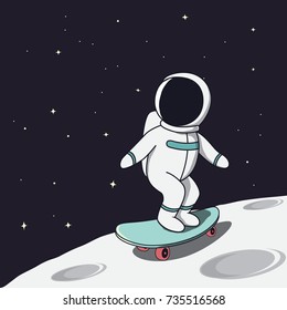 Skateboarder astronaut riding on skateboard at the Moon.Cartoon childish vector illustration